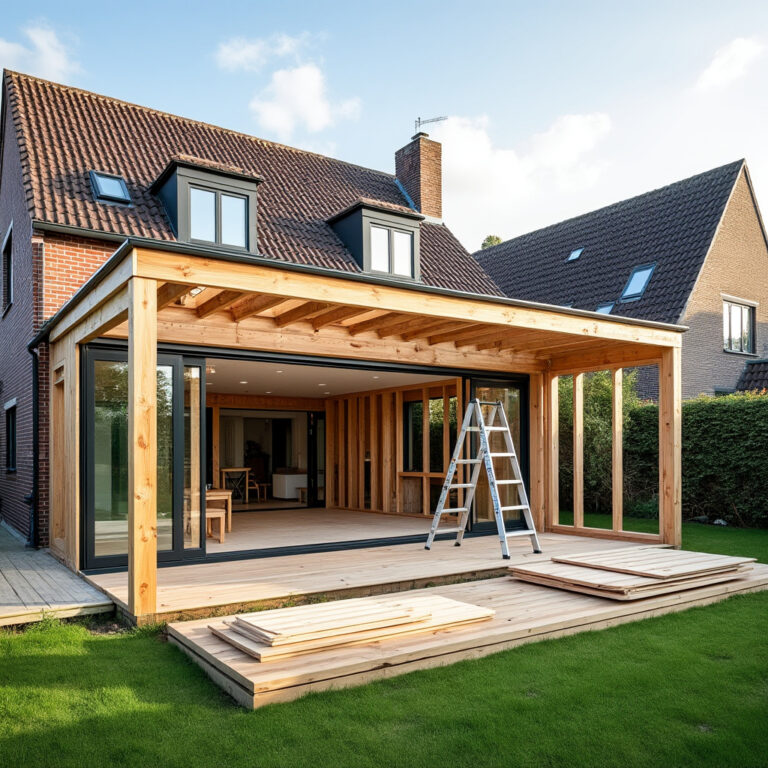 Houten aanbouw in aanbouw bij een Nederlandse bakstenen woning