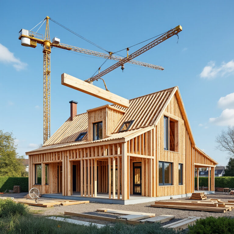 Houtskeletwoning in aanbouw op een Nederlandse woonwijk